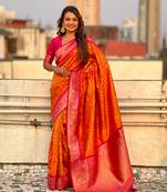 Orange soft silk blend zari woven premium patola saree with contrast weaves