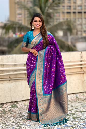 Purple soft silk blend zari woven premium patola saree with contrast weaves