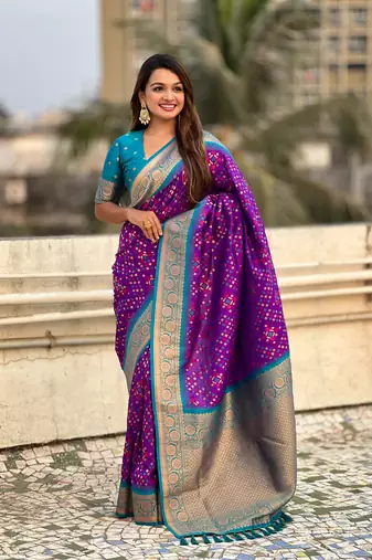 Purple soft silk blend zari woven premium patola saree with contrast weaves
