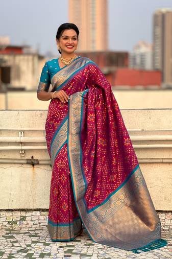 Magenta soft silk blend zari woven premium patola saree with contrast weaves