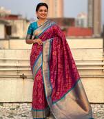 Magenta soft silk blend zari woven premium patola saree with contrast weaves