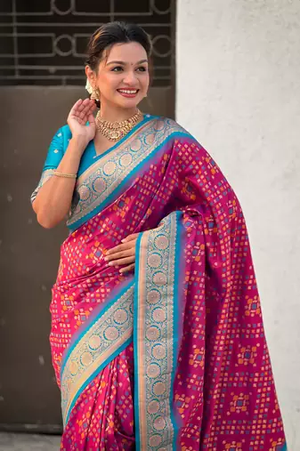 Magenta soft silk blend zari woven premium patola saree with contrast weaves