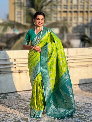 Parrot green banarasi contrast jaal soft silk blend zari woven saree 1