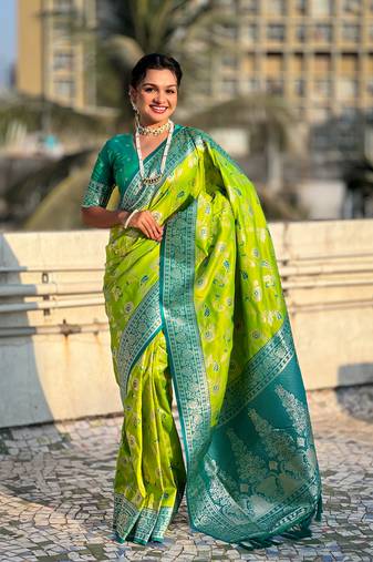 Parrot green banarasi contrast jaal soft silk blend zari woven saree