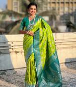 Parrot green banarasi contrast jaal soft silk blend zari woven saree