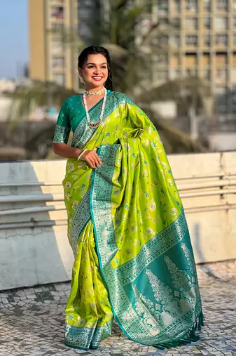 Parrot green banarasi contrast jaal soft silk blend zari woven saree