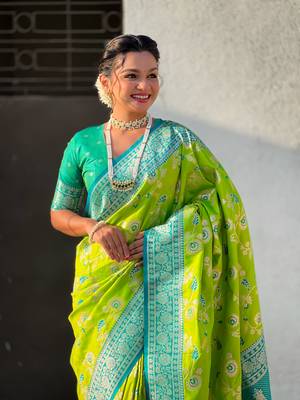 Parrot green banarasi contrast jaal soft silk blend zari woven saree 4