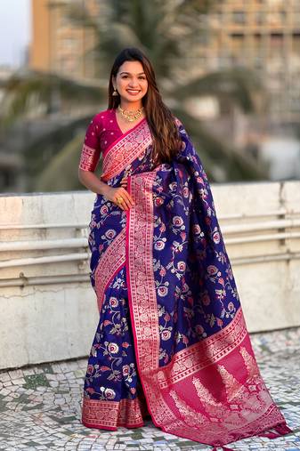 Violet banarasi contrast jaal soft silk blend zari woven saree