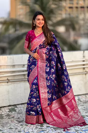 Violet banarasi contrast jaal soft silk blend zari woven saree