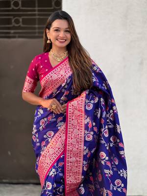 Violet banarasi contrast jaal soft silk blend zari woven saree 4