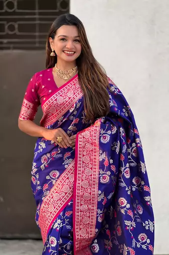 Violet banarasi contrast jaal soft silk blend zari woven saree