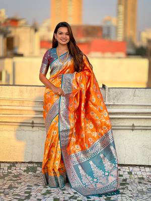 Orange banarasi contrast jaal soft silk blend zari woven saree 1