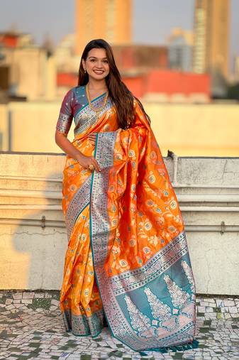 Orange banarasi contrast jaal soft silk blend zari woven saree
