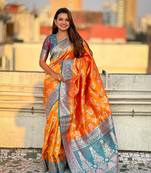Orange banarasi contrast jaal soft silk blend zari woven saree
