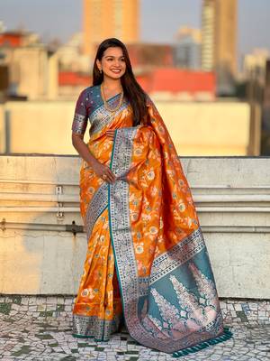Orange banarasi contrast jaal soft silk blend zari woven saree 3
