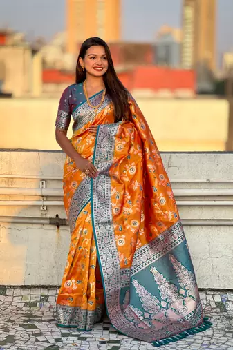 Orange banarasi contrast jaal soft silk blend zari woven saree