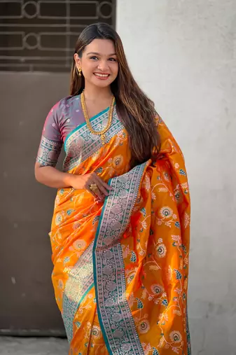 Orange banarasi contrast jaal soft silk blend zari woven saree