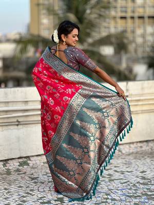 Pink banarasi contrast jaal soft silk blend zari woven saree 2