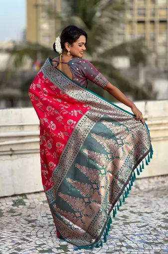 Pink banarasi contrast jaal soft silk blend zari woven saree