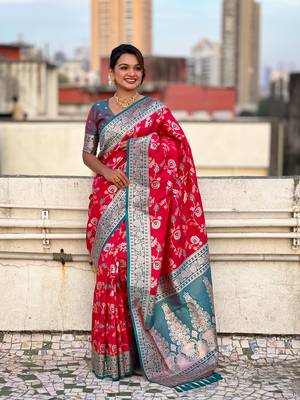 Pink banarasi contrast jaal soft silk blend zari woven saree 1