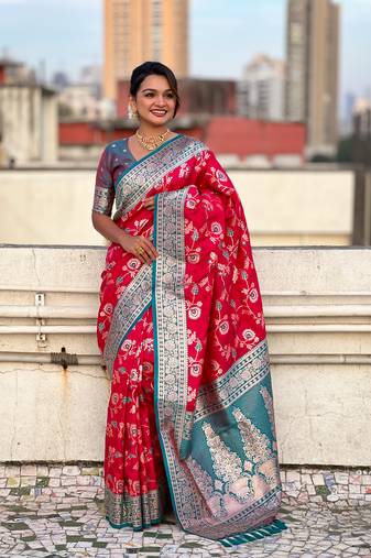 Pink banarasi contrast jaal soft silk blend zari woven saree