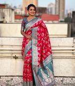 Pink banarasi contrast jaal soft silk blend zari woven saree