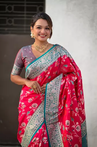 Pink banarasi contrast jaal soft silk blend zari woven saree