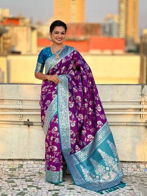 Purple banarasi contrast jaal soft silk blend zari woven saree 1
