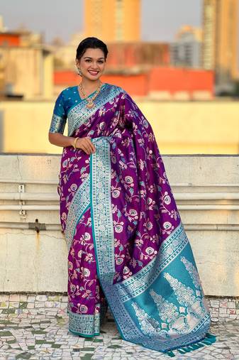 Purple banarasi contrast jaal soft silk blend zari woven saree