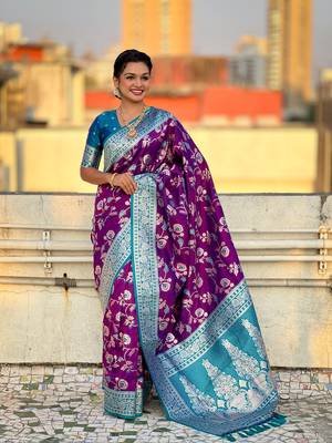 Purple banarasi contrast jaal soft silk blend zari woven saree 2