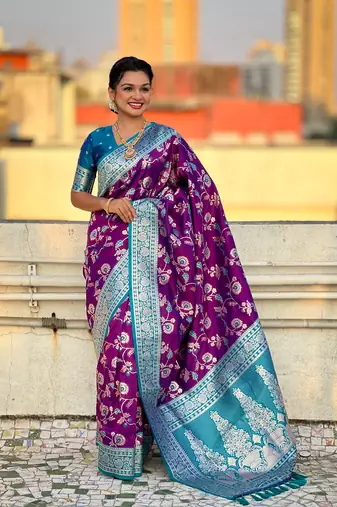 Purple banarasi contrast jaal soft silk blend zari woven saree