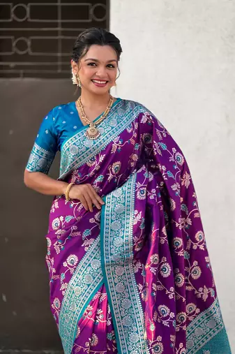 Purple banarasi contrast jaal soft silk blend zari woven saree
