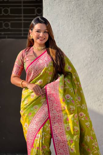Mehendi green banarasi contrast jaal soft silk blend zari woven saree