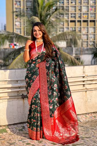 Bottle green banarasi contrast jaal soft silk blend zari woven saree