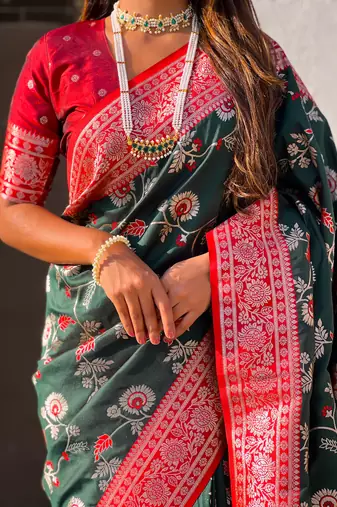 Bottle green banarasi contrast jaal soft silk blend zari woven saree