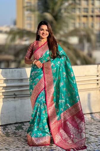 Sky blue banarasi contrast jaal soft silk blend zari woven saree