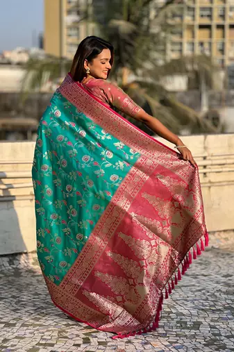 Sky blue banarasi contrast jaal soft silk blend zari woven saree