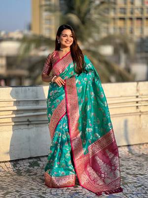 Sky blue banarasi contrast jaal soft silk blend zari woven saree 3