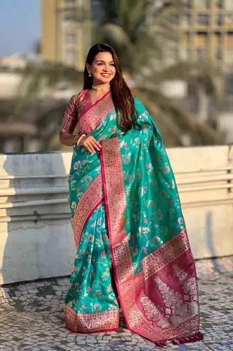 Sky blue banarasi contrast jaal soft silk blend zari woven saree
