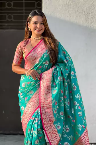 Sky blue banarasi contrast jaal soft silk blend zari woven saree