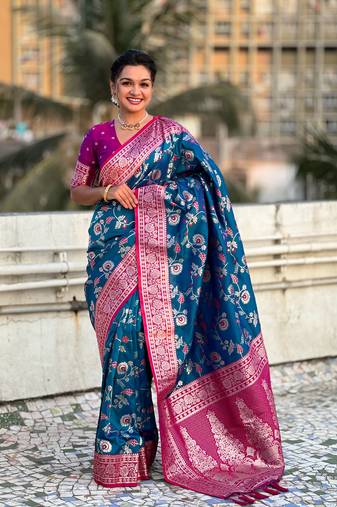 Blue banarasi contrast jaal soft silk blend zari woven saree