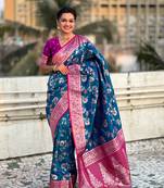Blue banarasi contrast jaal soft silk blend zari woven saree