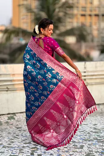 Blue banarasi contrast jaal soft silk blend zari woven saree