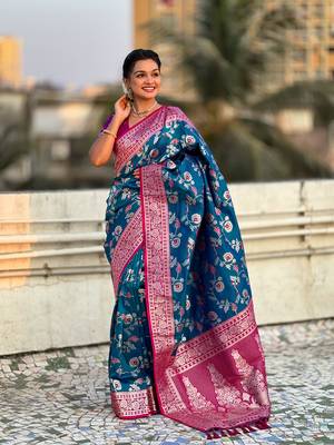 Blue banarasi contrast jaal soft silk blend zari woven saree 3