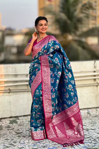 Blue banarasi contrast jaal soft silk blend zari woven saree