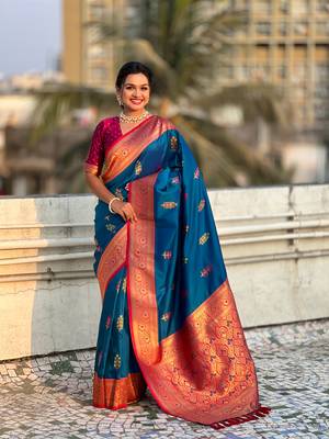 Blue soft silk blend saree with flower butta meenakari zari woven saree 1