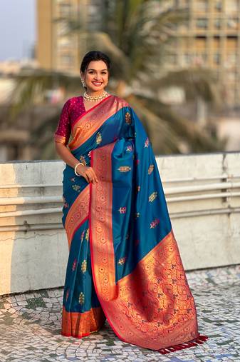 Blue soft silk blend saree with flower butta meenakari zari woven saree