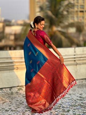 Blue soft silk blend saree with flower butta meenakari zari woven saree 2