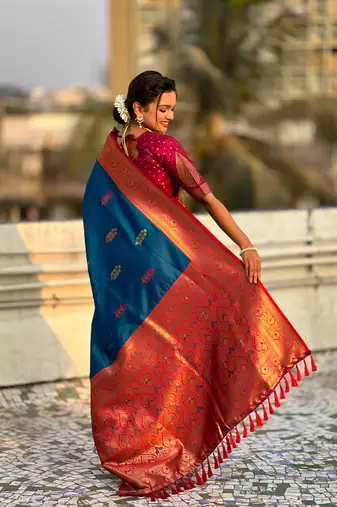 Blue soft silk blend saree with flower butta meenakari zari woven saree