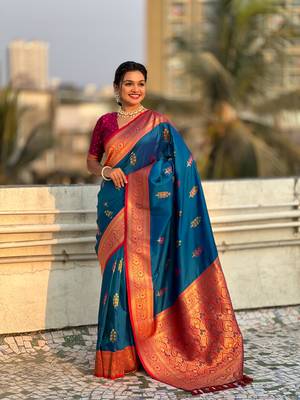 Blue soft silk blend saree with flower butta meenakari zari woven saree 3